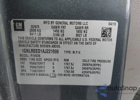 2010 Chevrolet Traverse Ls из США, поврежденный, VIN 1GNLREED1AJ221699